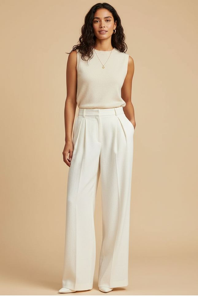 Pantalon Blanc Plissé Ample Taille Haute Élégant - Polyester