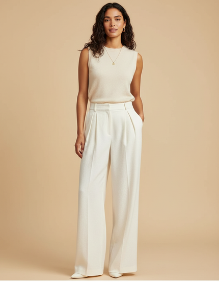 Pantalon Blanc Plissé Ample Taille Haute Élégant - Polyester