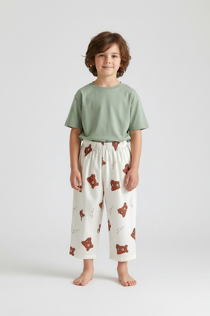 Pantalon Blanc Ample Coton Motif Ours Décontracté Enfant