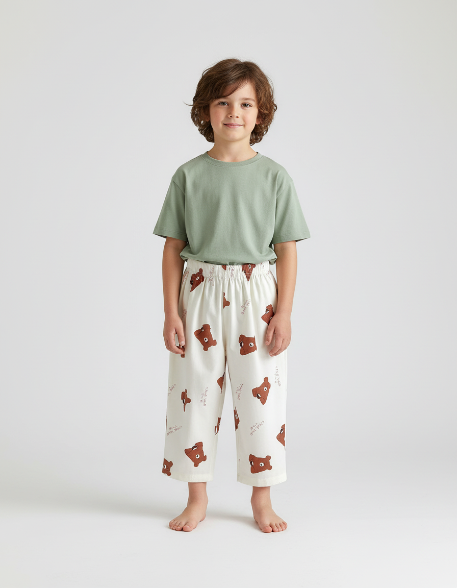 Pantalon Blanc Ample Coton Motif Ours Décontracté Enfant
