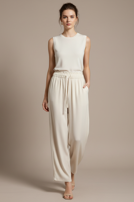 Pantalon Blanc Fluide Ample Cordon Décontracté Femme - Beige Maille