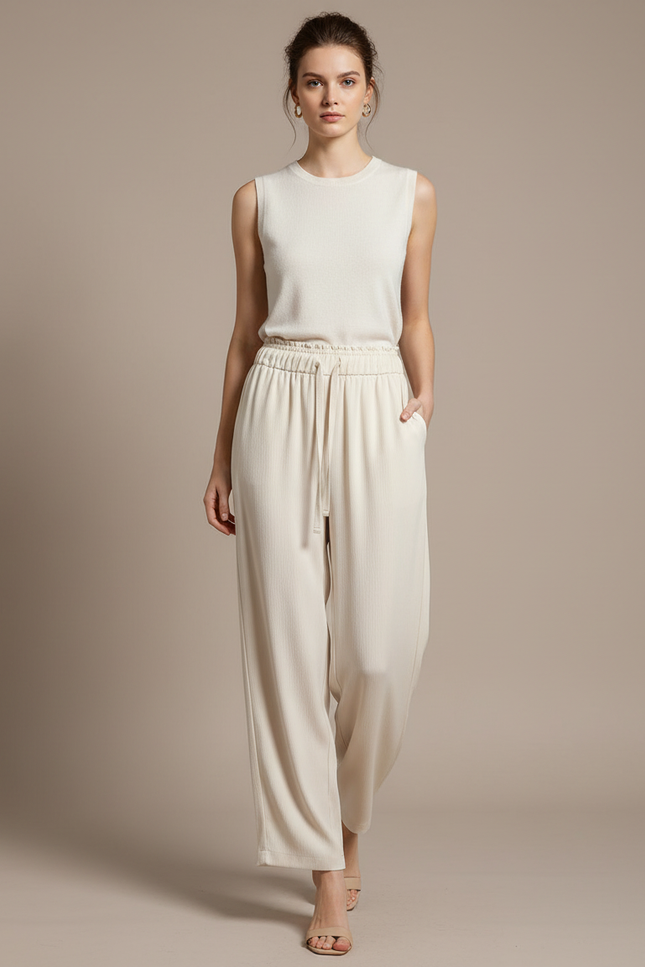 Pantalon Blanc Fluide Ample Cordon Décontracté Femme - Beige Maille