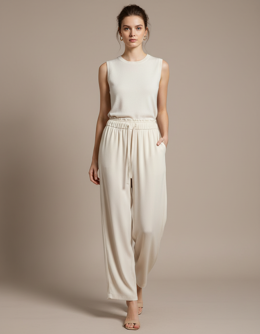 Pantalon Blanc Fluide Ample Cordon Décontracté Femme - Beige Maille