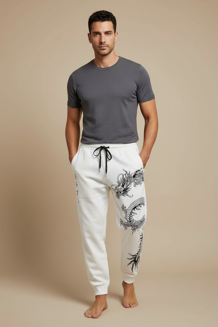 Pantalon Blanc Jogging Dragon Japonais Décontracté Homme - Molleton