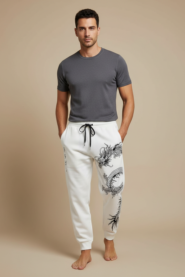 Pantalon Blanc Jogging Dragon Japonais Décontracté Homme - Molleton