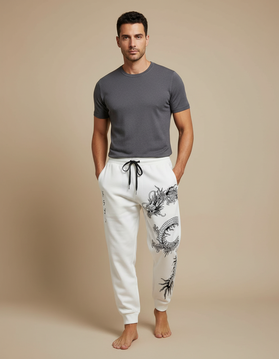 Pantalon Blanc Jogging Dragon Japonais Décontracté Homme - Molleton