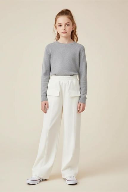 Pantalon Blanc Ample Décontracté Taille Haute Enfant - Molleton