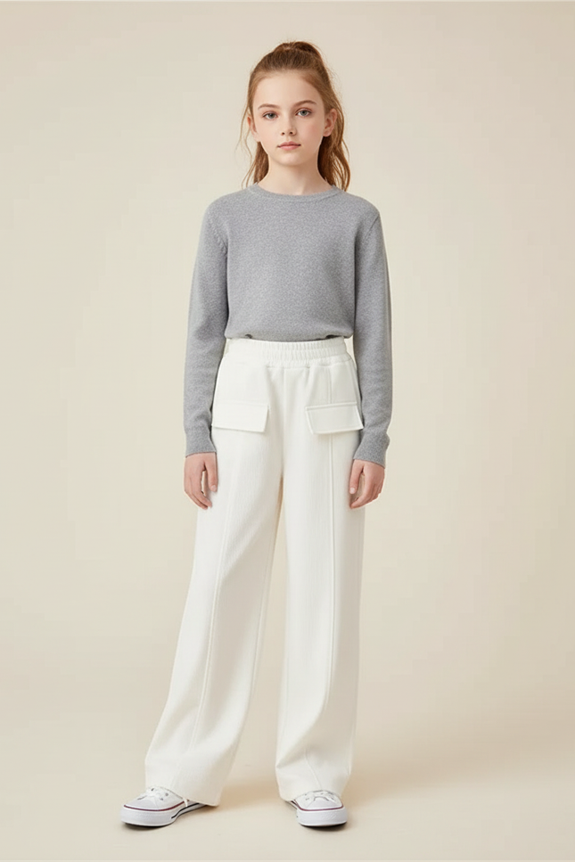 Pantalon Blanc Ample Décontracté Taille Haute Enfant - Molleton