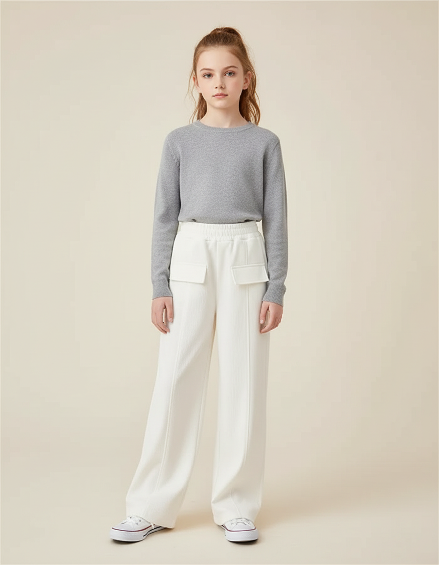 Pantalon Blanc Ample Décontracté Taille Haute Enfant - Molleton