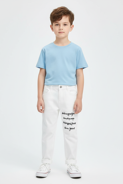 Pantalon Blanc Droit Décontracté Enfant Coton Inscriptions - Jean