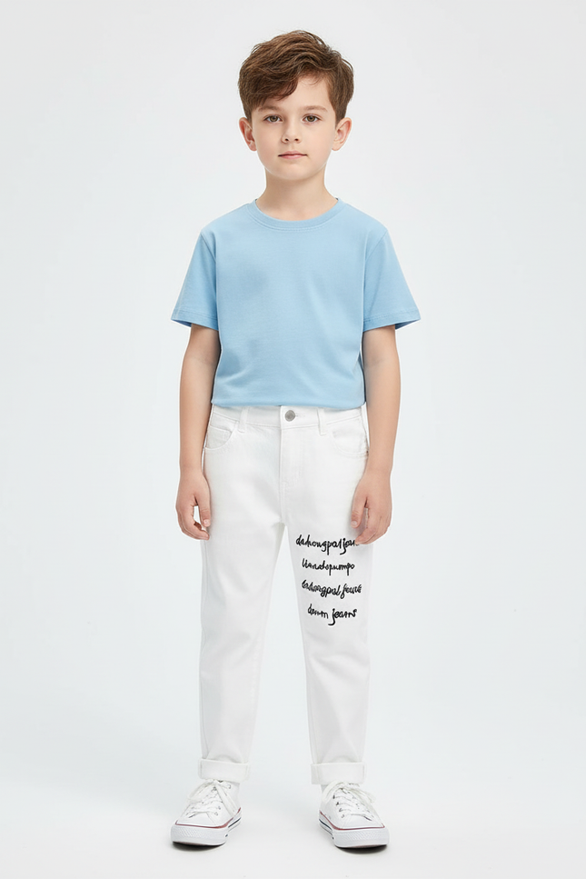 Pantalon Blanc Droit Décontracté Enfant Coton Inscriptions - Jean
