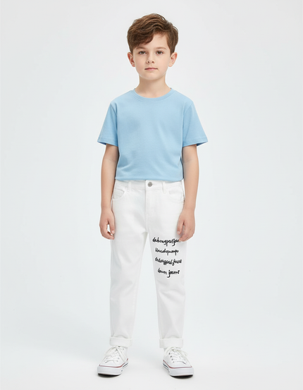 Pantalon Blanc Droit Décontracté Enfant Coton Inscriptions - Jean
