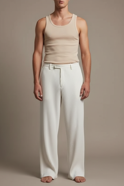 Pantalon Blanc Plissé Ample Décontracté Homme Élégant - Polyester