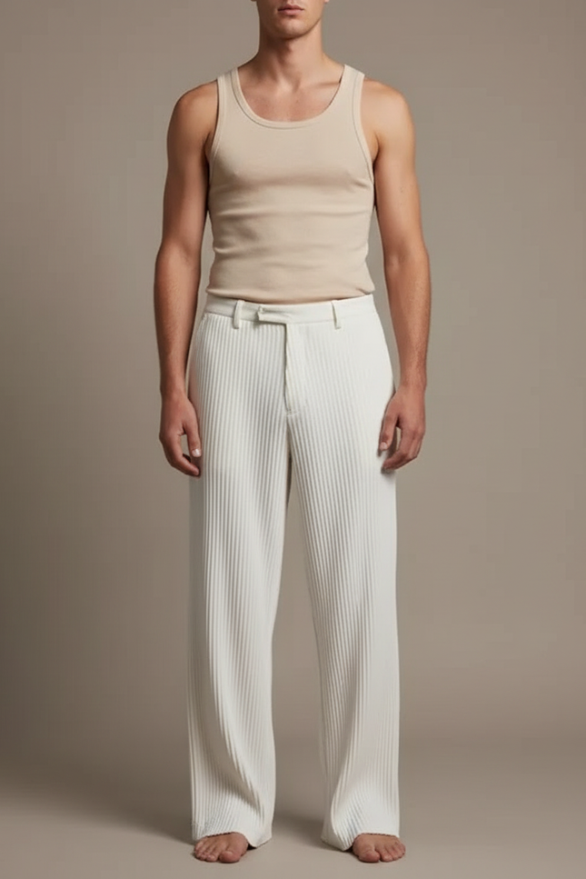 Pantalon Blanc Plissé Ample Décontracté Homme Élégant - Polyester