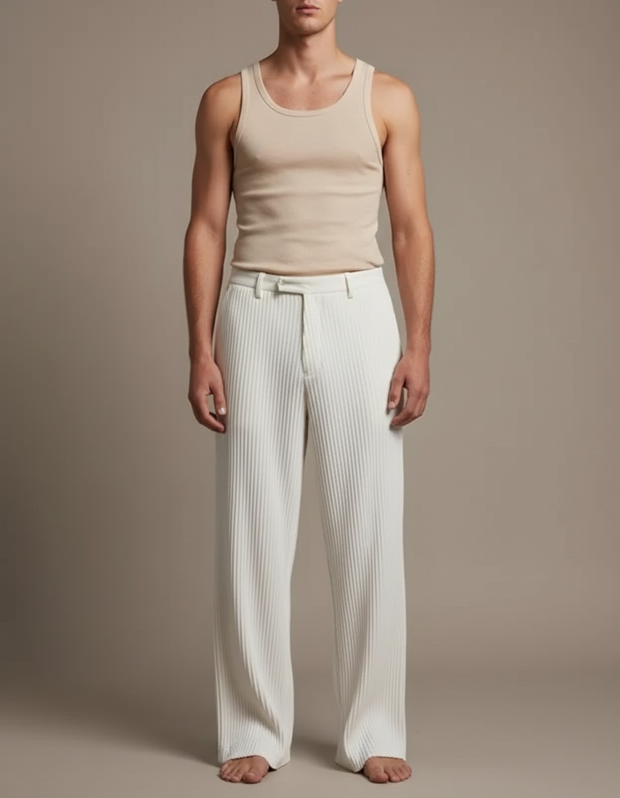 Pantalon Blanc Plissé Ample Décontracté Homme Élégant - Polyester