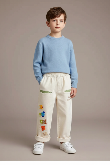 Pantalon Blanc Brodé Cartoon Ample Enfant Coton