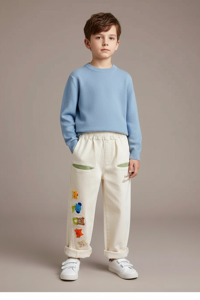 Pantalon Blanc Brodé Cartoon Ample Enfant Coton