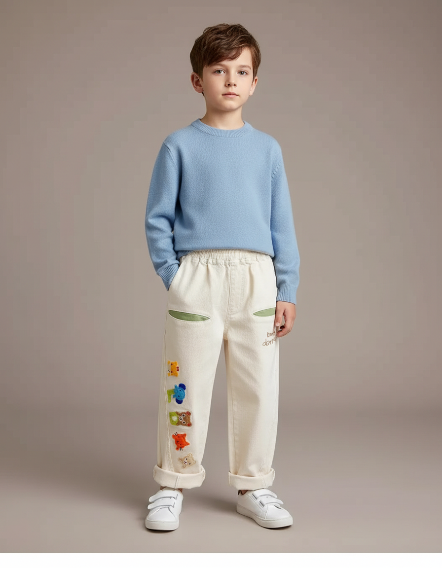 Pantalon Blanc Brodé Cartoon Ample Enfant Coton