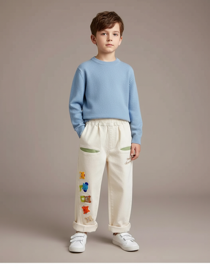 Pantalon Blanc Brodé Cartoon Ample Enfant Coton