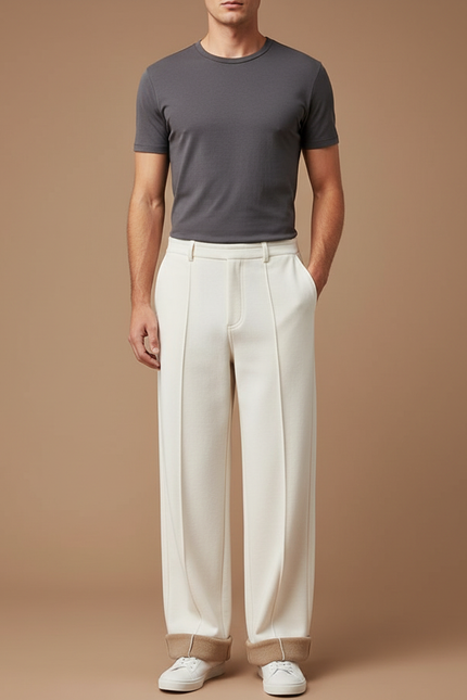 Pantalon Blanc Ample Droit Élégant Décontracté Homme - Laine