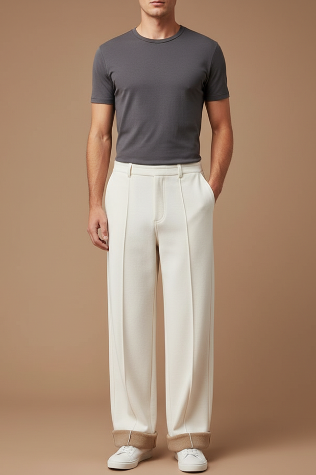 Pantalon Blanc Ample Droit Élégant Décontracté Homme - Laine
