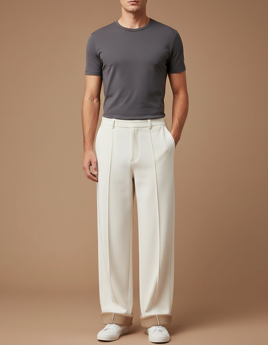 Pantalon Blanc Ample Droit Élégant Décontracté Homme - Laine