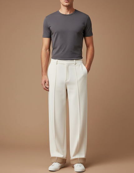 Pantalon Blanc Ample Droit Élégant Décontracté Homme - Laine