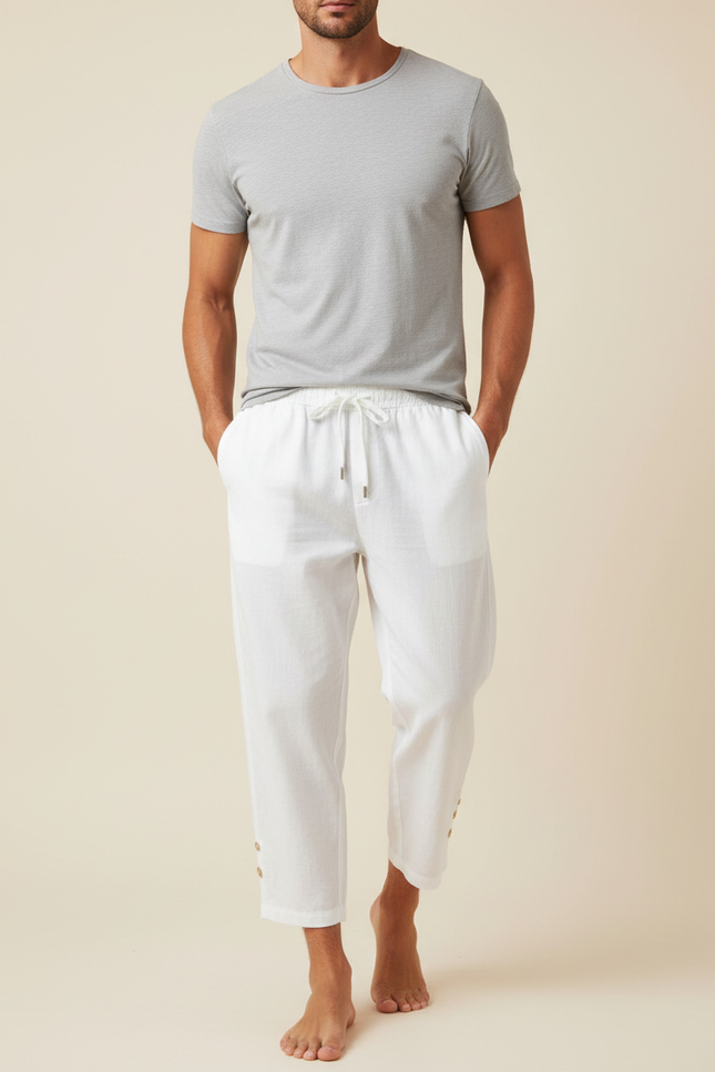 Pantalon Blanc Homme Lin Décontracté Cheville Cordon Boutons