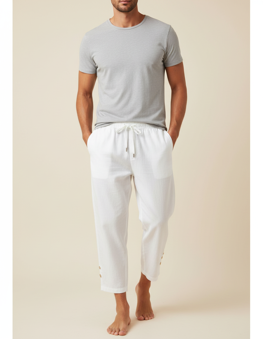 Pantalon Blanc Homme Lin Décontracté Cheville Cordon Boutons