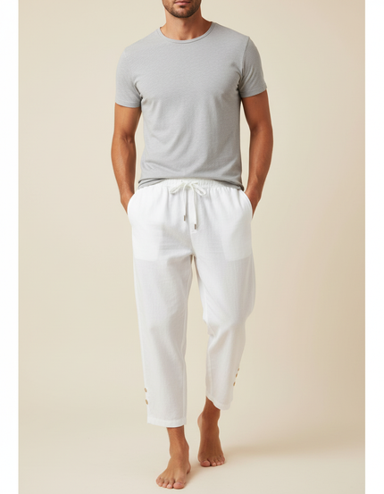 Pantalon Blanc Homme Lin Décontracté Cheville Cordon Boutons