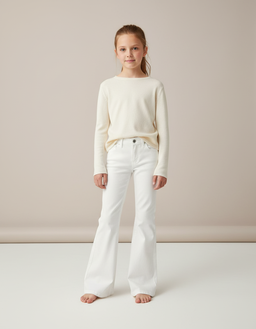 Pantalon Blanc Évasé Denim Taille Haute Fille - Jean