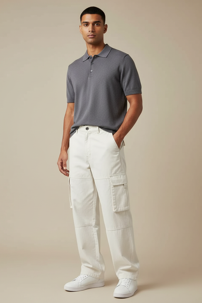 Pantalon Blanc Cargo Ample Coton Décontracté Homme - Toile