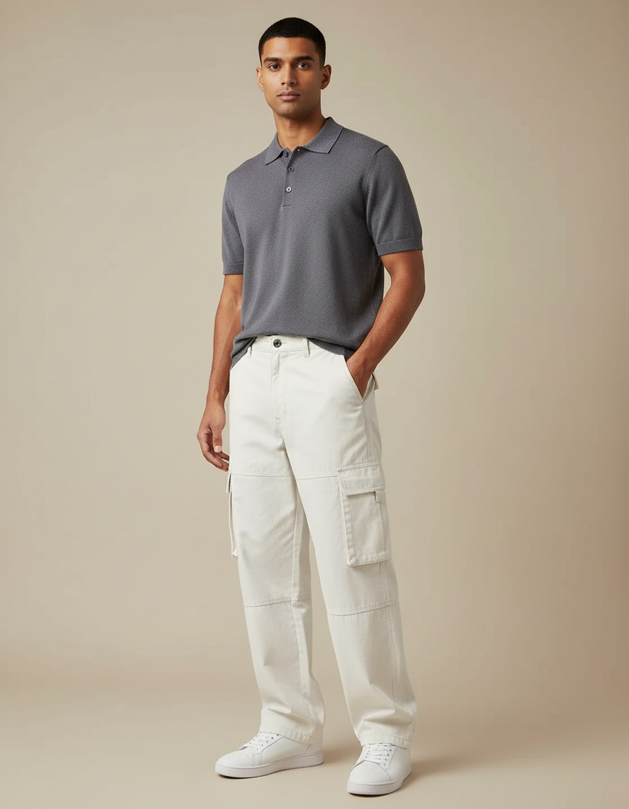 Pantalon Blanc Cargo Ample Coton Décontracté Homme - Toile