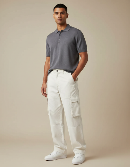 Pantalon Blanc Cargo Ample Coton Décontracté Homme - Toile