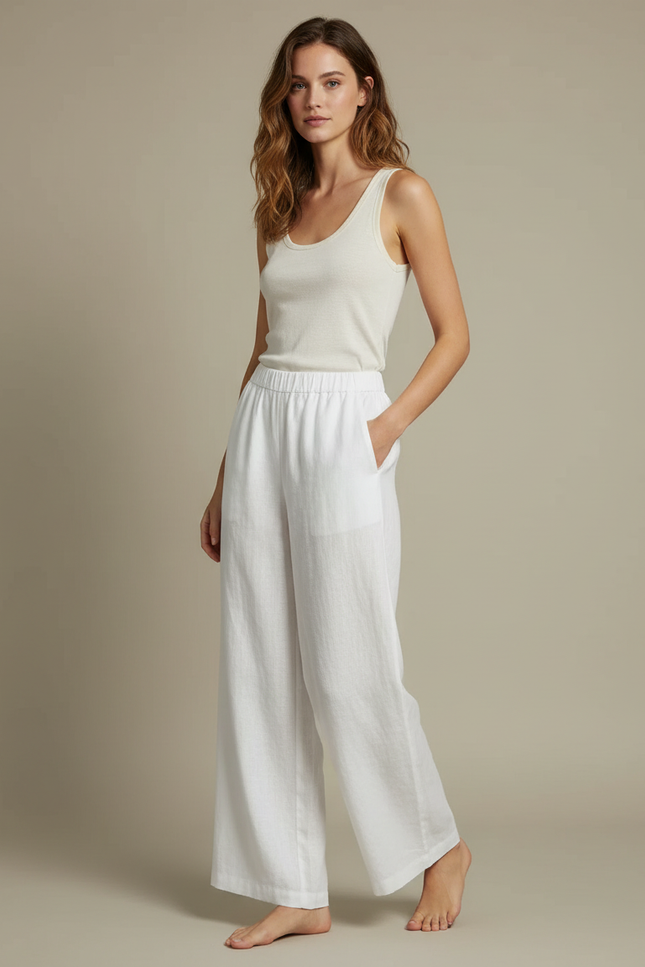 Pantalon Blanc Fluide Large Lin Décontracté