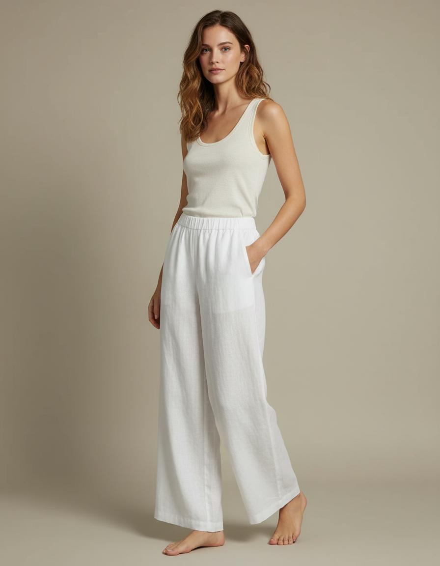 Pantalon Blanc Fluide Large Lin Décontracté