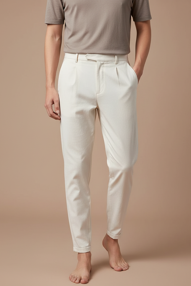 Pantalon Blanc Plissé Élégant Homme Décontracté - Coton