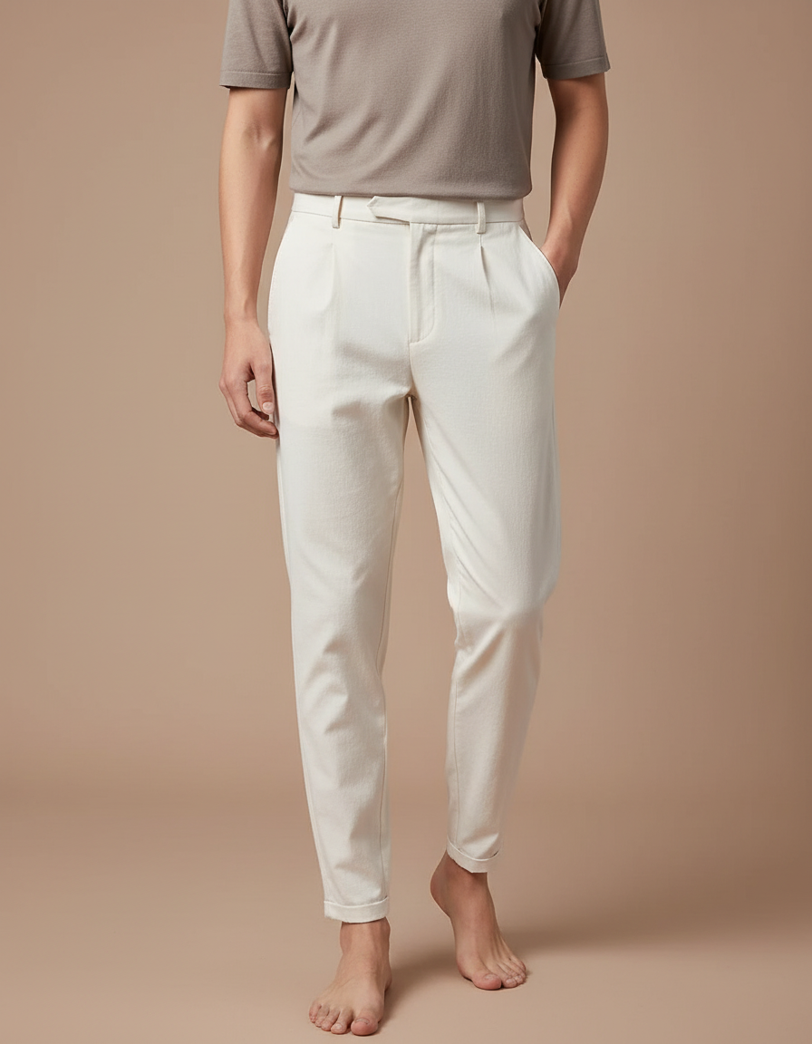 Pantalon Blanc Plissé Élégant Homme Décontracté - Coton