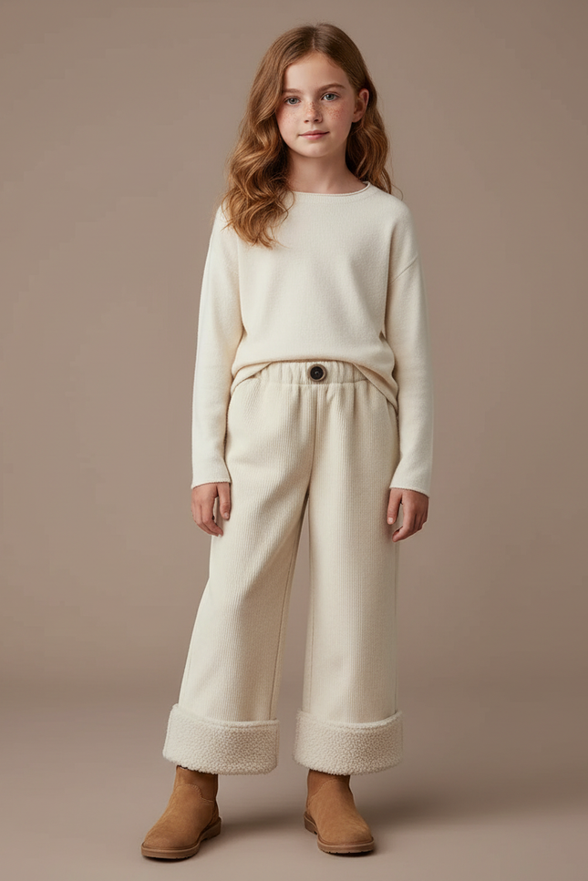 Pantalon Blanc Côtelé Doublé Polaire Ample Fille - Beige Cordé