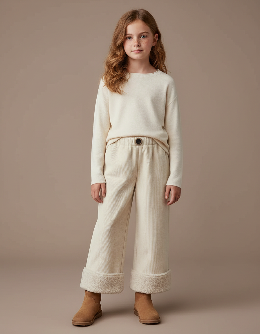 Pantalon Blanc Côtelé Doublé Polaire Ample Fille - Beige Cordé