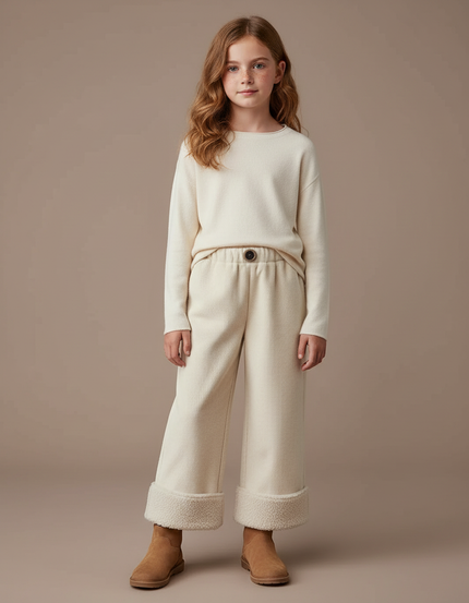 Pantalon Blanc Côtelé Doublé Polaire Ample Fille - Beige Cordé