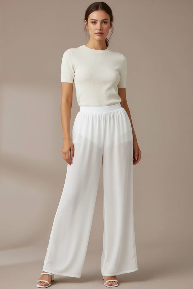 Pantalon Blanc Fluide Ample Transparent Femme - Polyester