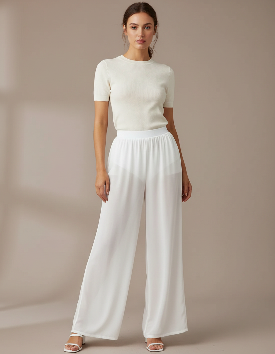 Pantalon Blanc Fluide Ample Transparent Femme - Polyester