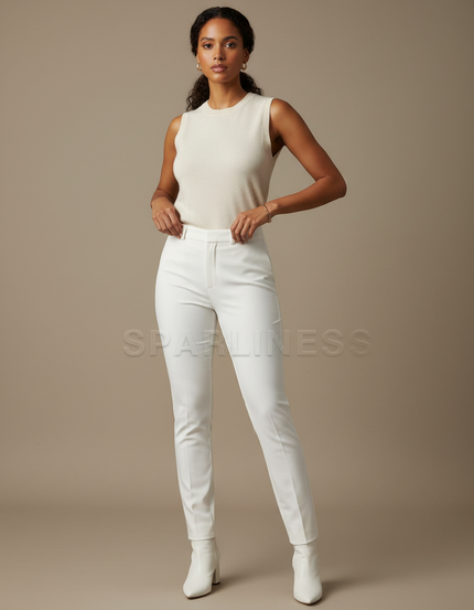 Pantalon Blanc Slim Taille Haute Élégant Femme - Polyester