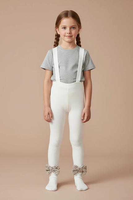 Pantalon Blanc Salopette Côtelé Enfant Nœud Papillon - Molleton