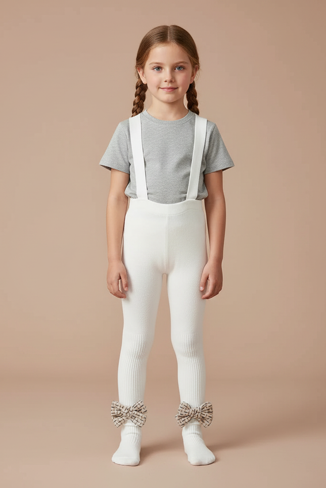Pantalon Blanc Salopette Côtelé Enfant Nœud Papillon - Molleton
