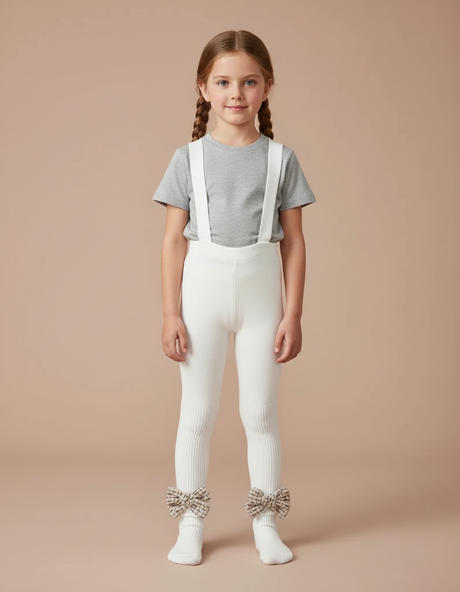 Pantalon Blanc Salopette Côtelé Enfant Nœud Papillon - Molleton