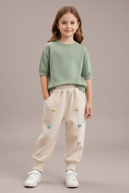 Pantalon Blanc Côtelé Ample Décontracté Pompons Enfant - Beige Maille