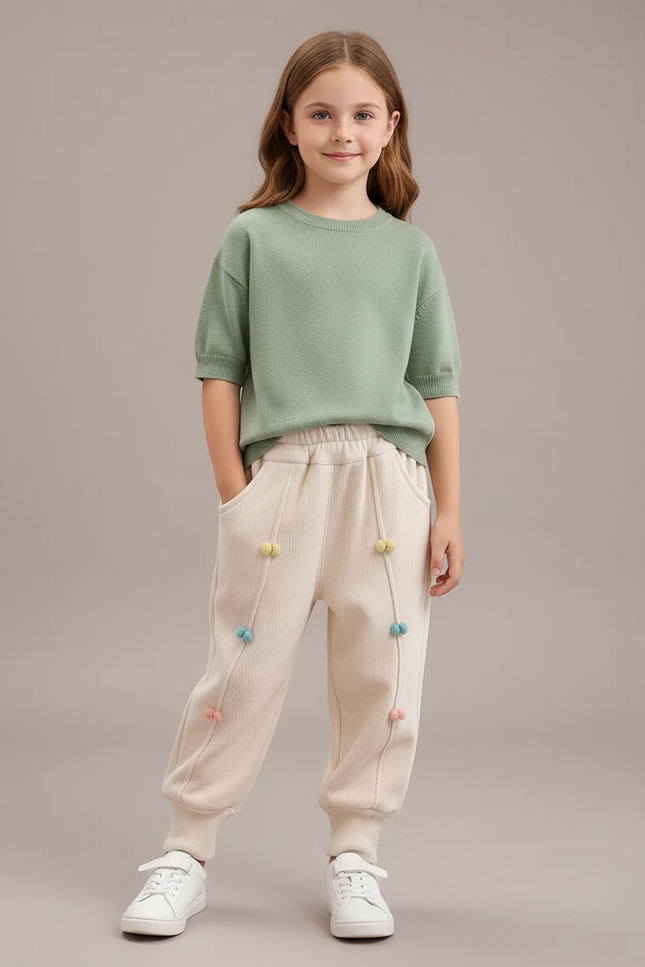 Pantalon Blanc Côtelé Ample Décontracté Pompons Enfant - Beige Maille