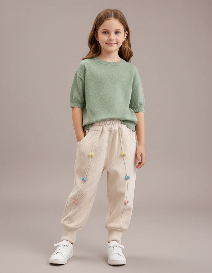 Pantalon Blanc Côtelé Ample Décontracté Pompons Enfant - Beige Maille